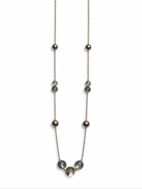 Long Silver Smoky Gray Glass Beaded Station Necklace Crystal Minimalist Layering
